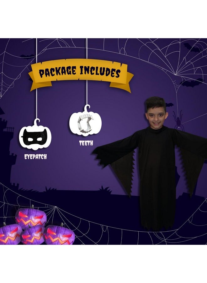 Kaku Fancy Dresses - Kaku Fancy Dresses Polyester Black Ghost Costume For Kids With Vampire Teeth & Face Mask For Halloween Horror Costume Party - Image 1