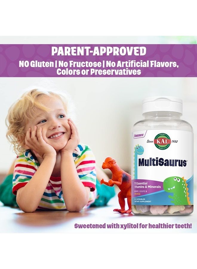 KAL MultiSaurus Kids Chewable Multivitamins, 11 Essential Vitamins and Minerals for Kids, Berry, Grape, Orange Chewables, Gluten and Fructose Free, 90 Servings, 90 Dinosaur-Shaped Chewables - Image 5