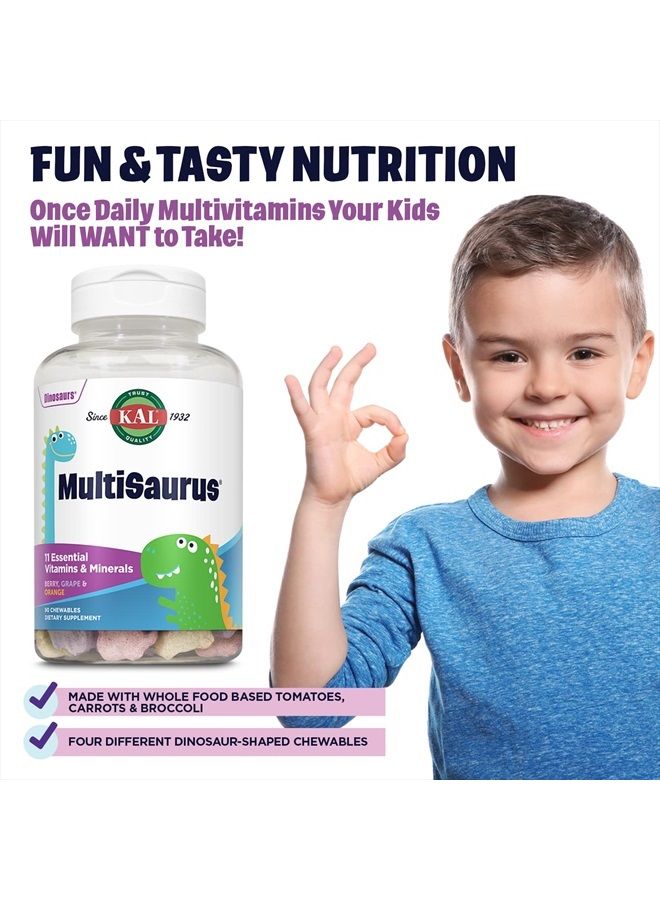 KAL MultiSaurus Kids Chewable Multivitamins, 11 Essential Vitamins and Minerals for Kids, Berry, Grape, Orange Chewables, Gluten and Fructose Free, 90 Servings, 90 Dinosaur-Shaped Chewables - Image 4