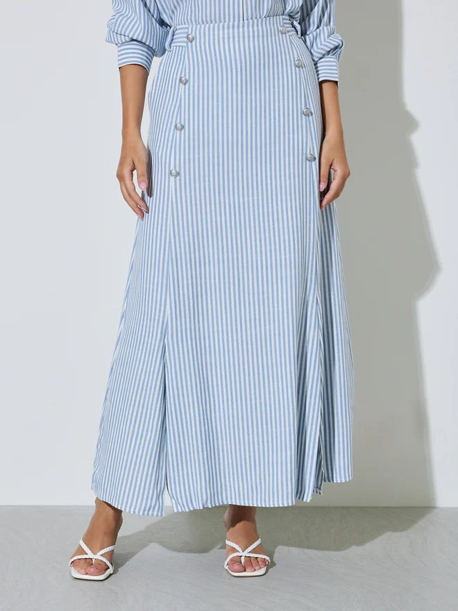 Styli Styli Blue Striped Maxi Skirt with Front Slit