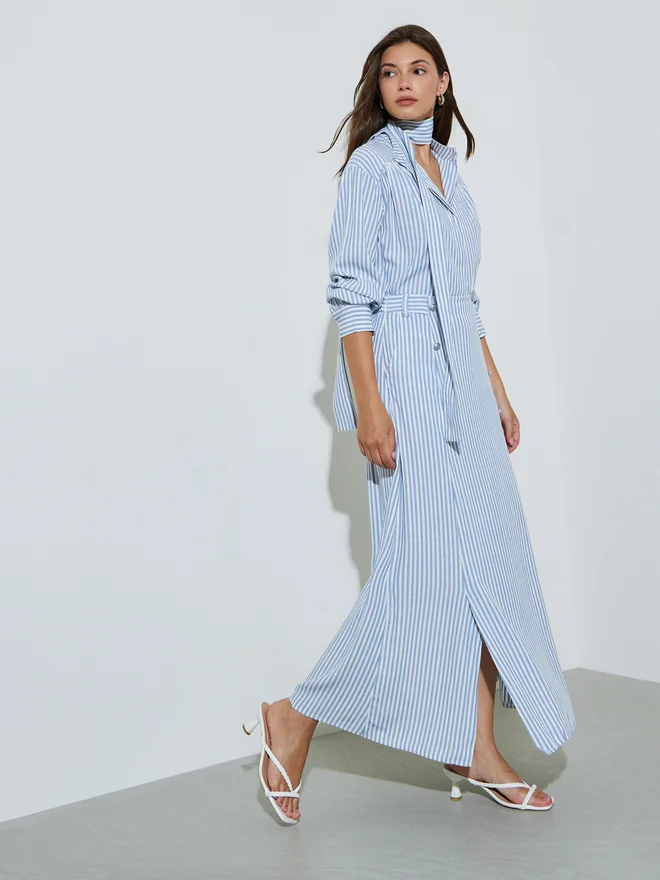 Styli Styli Blue Striped Maxi Skirt with Front Slit