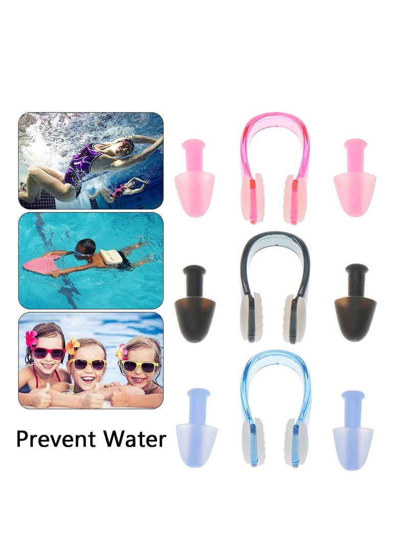 Waterproof Swimming Earplugs and Nose Clip Set (Pack of 3): Black, Pink, Blue - Protect Your Ears and Nose from Water
