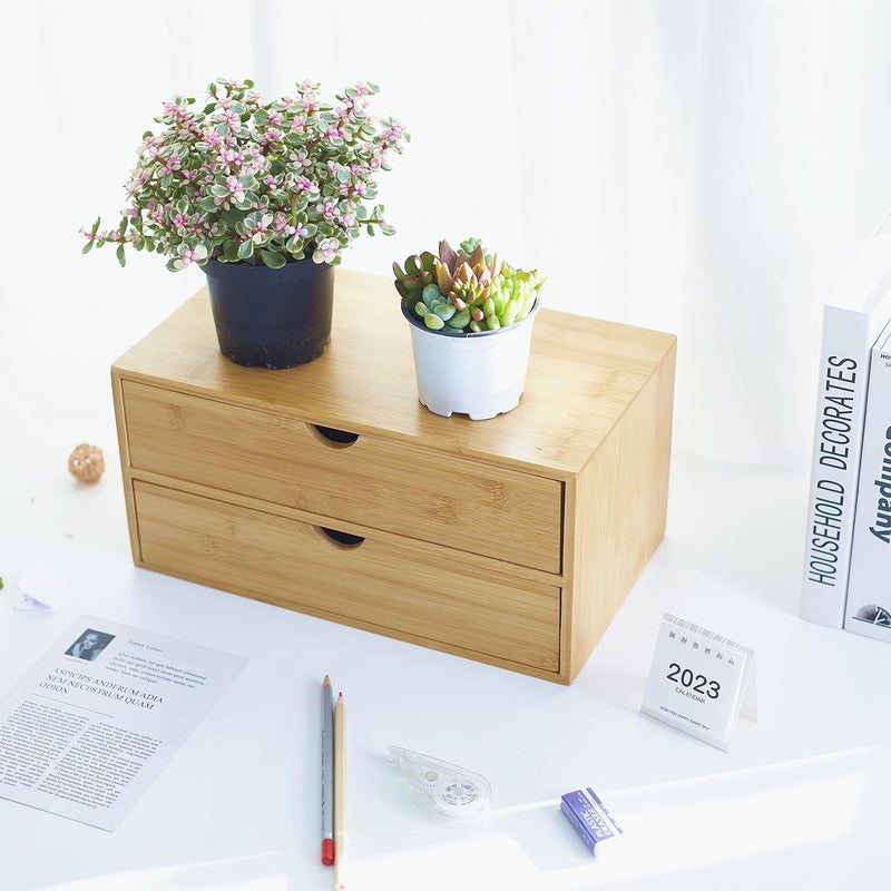 Charmewooden Bamboo Desk Organizer with 2 Drawers Makeup Storage Drawer 2 Drawers Tabletop Storage Organization Box Home Office Workspace Bathroom Toiletries Supplies No Assembly Required - Image 4