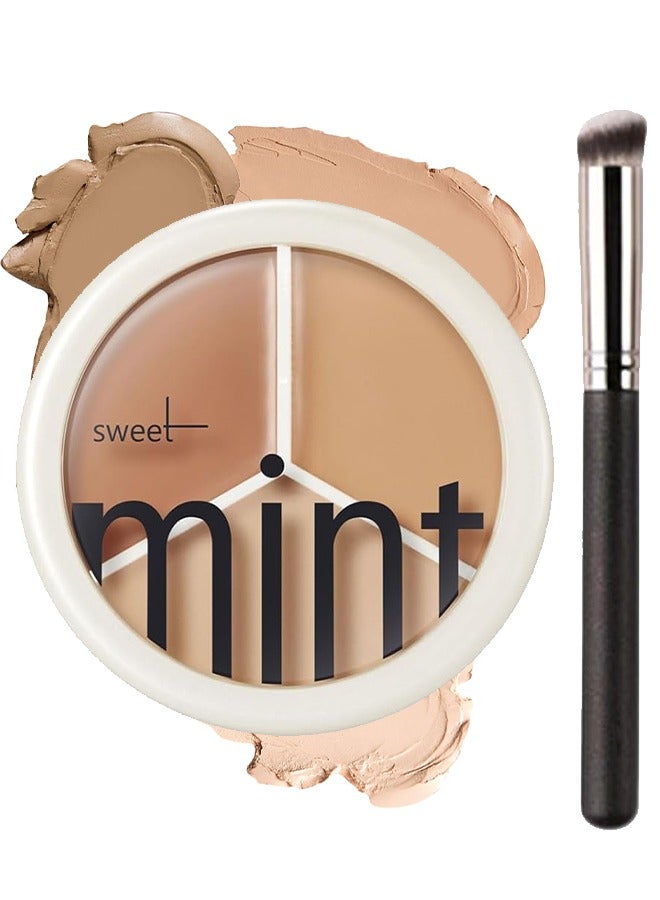 Sweet Mint Tri-Color Concealer Make Up Foundation for Dark Skin - Full Coverage Cover Spots Acne Marks Highlight Contours - Waterproof Long Lasting Palette，Equipped With a Concealer Brush - Image 1