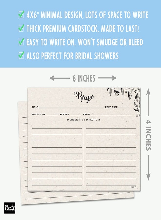 نيتز بطاقات وصفات نيتز واسعة، مقاس 4×6 بوصة - 50 بطاقة، وجهان. ورق مقوى سميك. مثالية لصندوق الوصفات ومجلد الوصفات. تصميم زهري بسيط يشبه ورق الكرافت. - Image 3