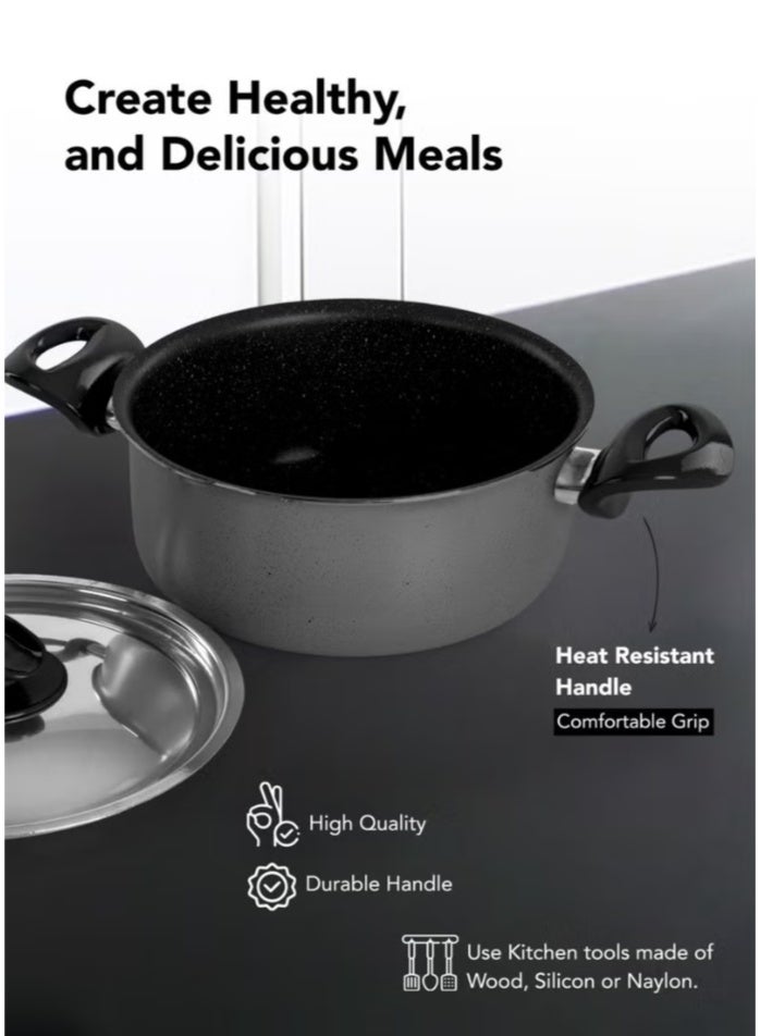 Grandi 8-Piece Non-Stick Cookware Set Aluminum Pots And Pans Non-Stick Surface Bakelite Handle Stainless Steel Lids PFOA Free black and grey granite  22-26+26+18 cm - Image 5