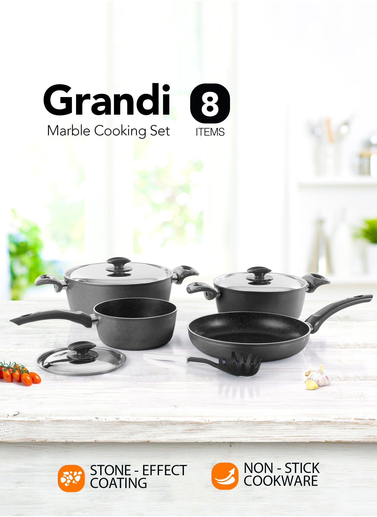 8-Piece Non-Stick Cookware Set Aluminum Pots And Pans Non-Stick Surface Bakelite Handle Stainless Steel Lids PFOA Free black and grey granite  22-26+26+18 cm 