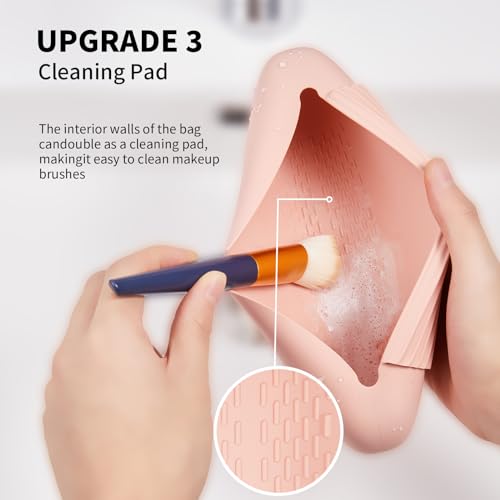 AGIKET Silicone Makeup Brush Holder Travel Cosmetic Bag：Soft Portable Cosmetic Face Brushes Holder with Upgrade Anti-Fall Out Magnetic Closure, Large Travel Makeup Brush Case - Pink Sand - Image 4