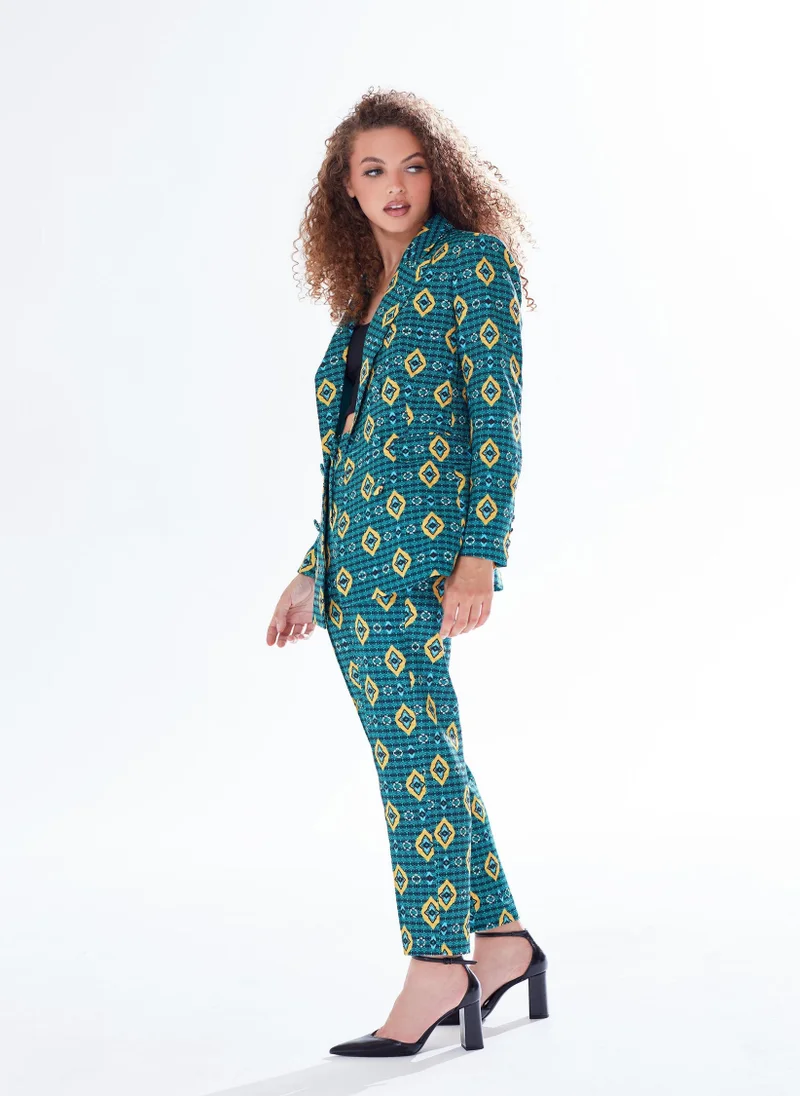 Liquorish African Print Blazer In Green