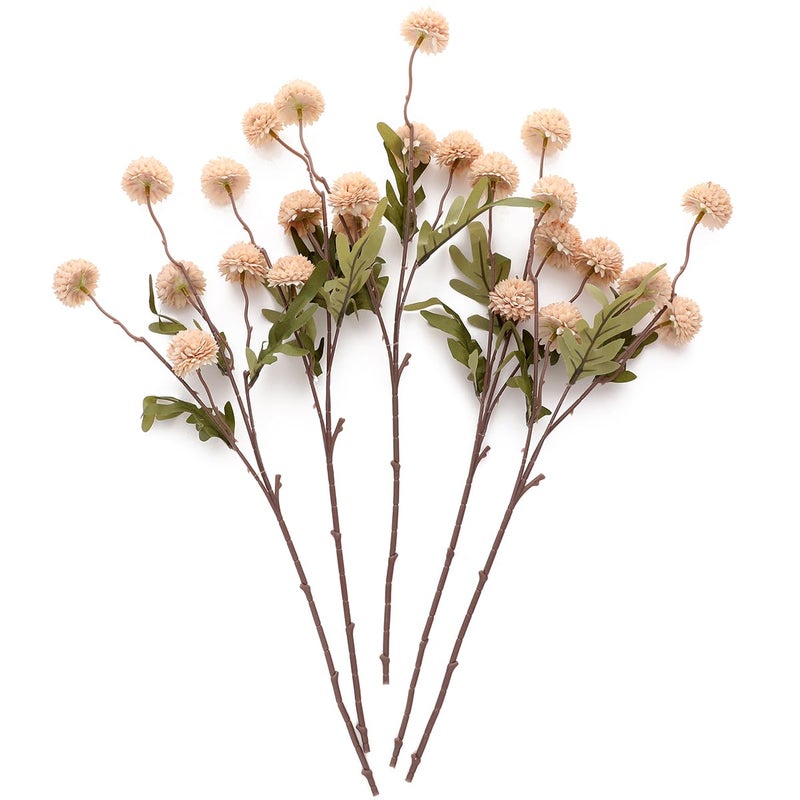 Laelfe Artificial Pompon Mum, 5Pcs Fake Kiku Flowers Silk Small Mini Chrysanthemum Ball Faux Mum Decor for Vase Filler DIY Bouquet Centerpieces Arrangements Shower(Beige) - Image 1