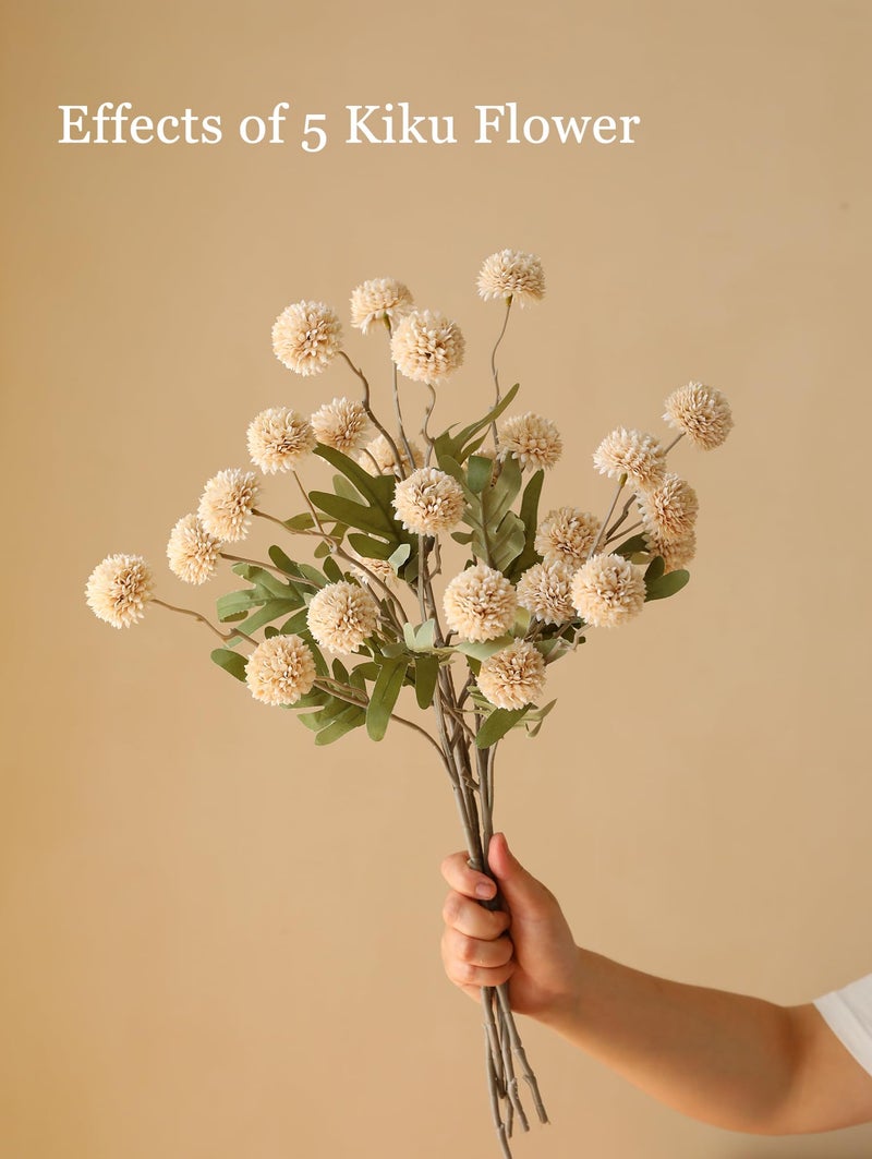 Laelfe Artificial Pompon Mum, 5Pcs Fake Kiku Flowers Silk Small Mini Chrysanthemum Ball Faux Mum Decor for Vase Filler DIY Bouquet Centerpieces Arrangements Shower(Beige) - Image 2