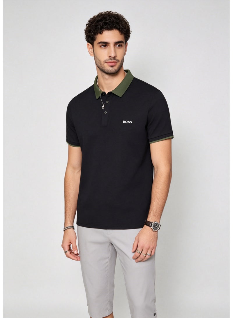 BOSS Men's Contrast Green Collar Short Sleeve Polo Shirt - Black - Image 1
