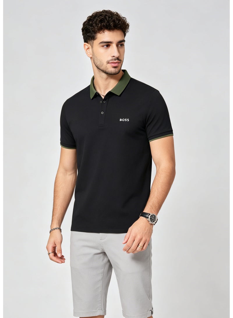 BOSS Men's Contrast Green Collar Short Sleeve Polo Shirt - Black - Image 5