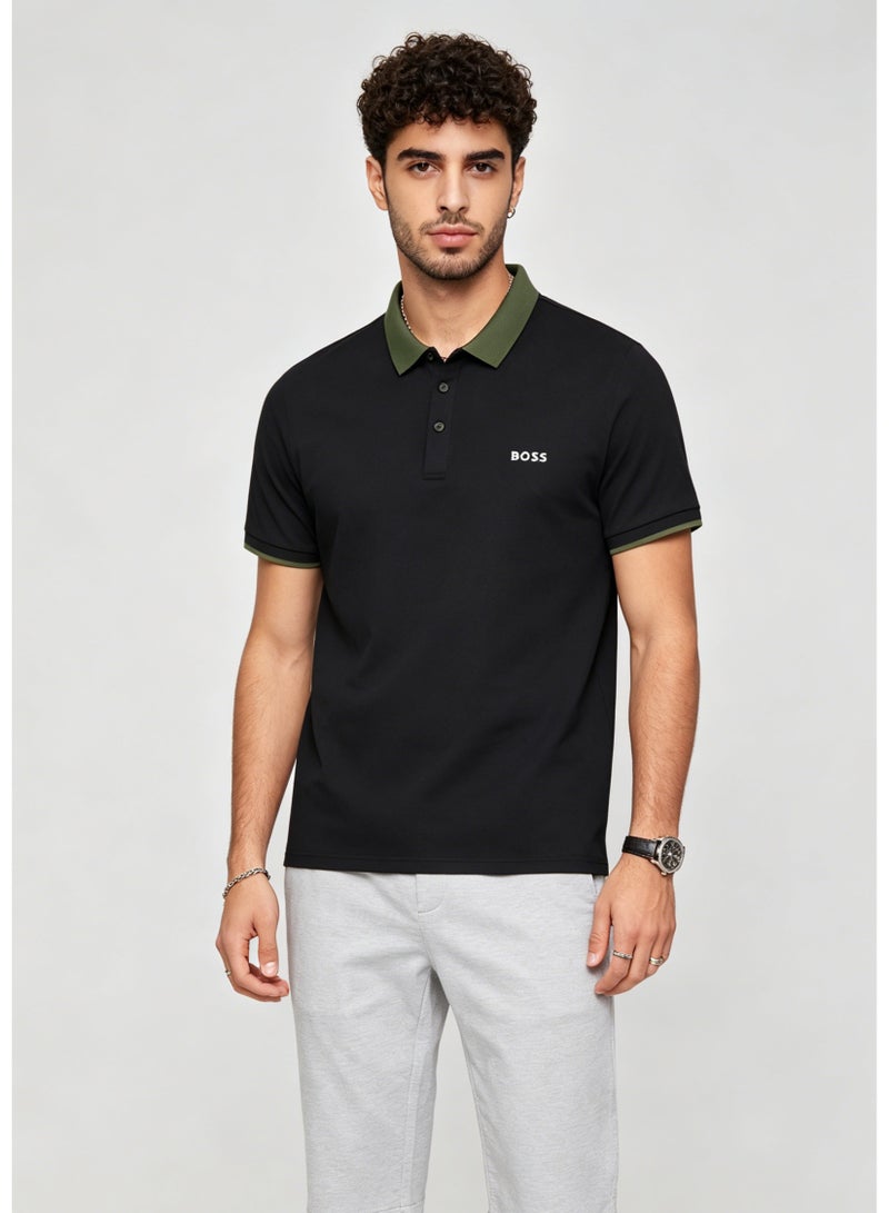 BOSS Men's Contrast Green Collar Short Sleeve Polo Shirt - Black - Image 3