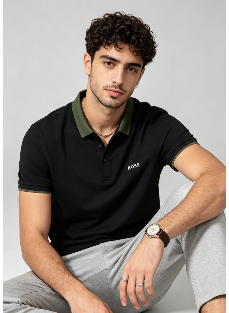 BOSS Men's Contrast Green Collar Short Sleeve Polo Shirt - Black - Image 4