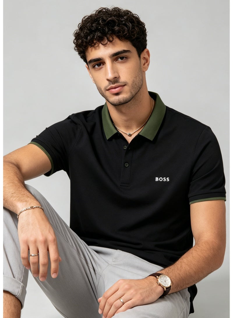 BOSS Men's Contrast Green Collar Short Sleeve Polo Shirt - Black - Image 2