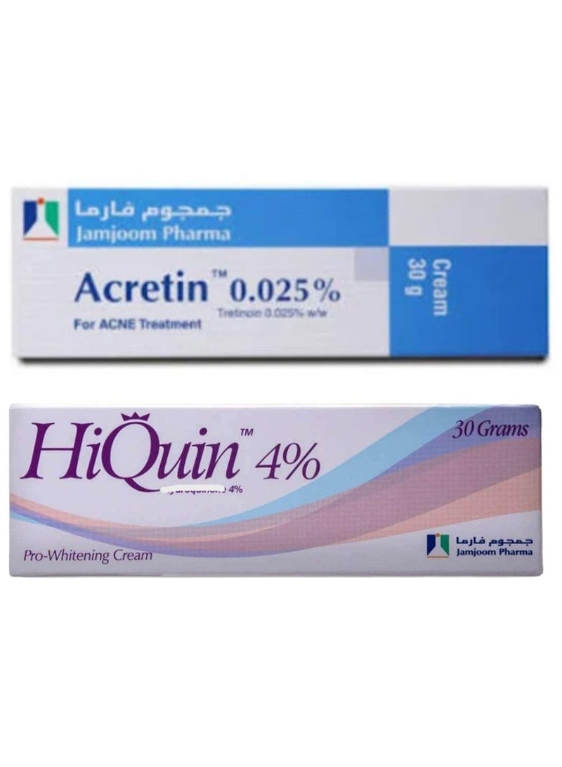 عبوتان من كريم "أكريتين" (Acretin) الموضعي بتركيز 0.025% (30 جم) + كريم "هاي كوين" (HiQuin) بتركيز 4% لتفتيح البشرة (30 جم)