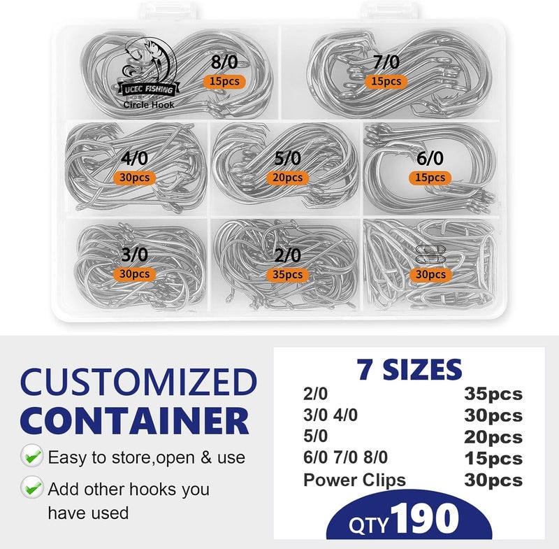 UCEC Circle Hooks Fishing Hooks 2X Strong Offset Circle Hooks Saltwater Black High Carbon Steel Octopus Catfish Fishing Hooks Fishing Gear Tackle 150pcs/ 240pcs - Size:#1 1/0 2/0 3/0 4/0 5/0 6/0 8/0 - Image 5