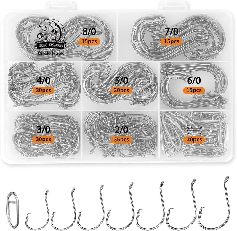 UCEC Circle Hooks Fishing Hooks 2X Strong Offset Circle Hooks Saltwater Black High Carbon Steel Octopus Catfish Fishing Hooks Fishing Gear Tackle 150pcs/ 240pcs - Size:#1 1/0 2/0 3/0 4/0 5/0 6/0 8/0 - Image 1