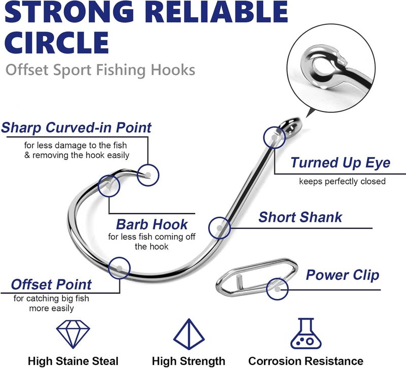 UCEC Circle Hooks Fishing Hooks 2X Strong Offset Circle Hooks Saltwater Black High Carbon Steel Octopus Catfish Fishing Hooks Fishing Gear Tackle 150pcs/ 240pcs - Size:#1 1/0 2/0 3/0 4/0 5/0 6/0 8/0 - Image 2