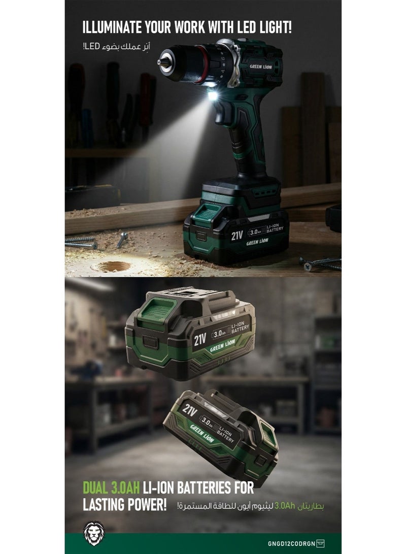 GREEN LION GD-12 EDGE PRO Cordless Hammer Drill / Dual 21V 3.0Ah Batteries / Brushless Motor / 45Nm Max Torque / 3-in-1 Drill & Hammer Tool - Green - Image 5