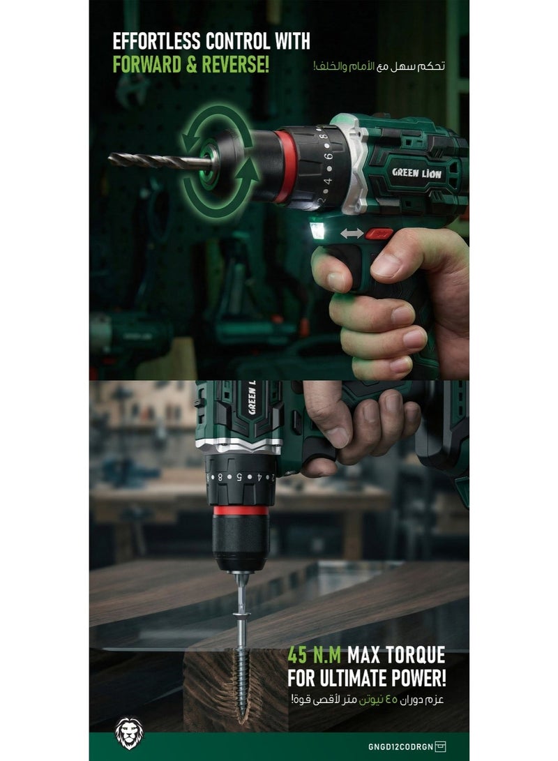 GREEN LION GD-12 EDGE PRO Cordless Hammer Drill / Dual 21V 3.0Ah Batteries / Brushless Motor / 45Nm Max Torque / 3-in-1 Drill & Hammer Tool - Green - Image 3