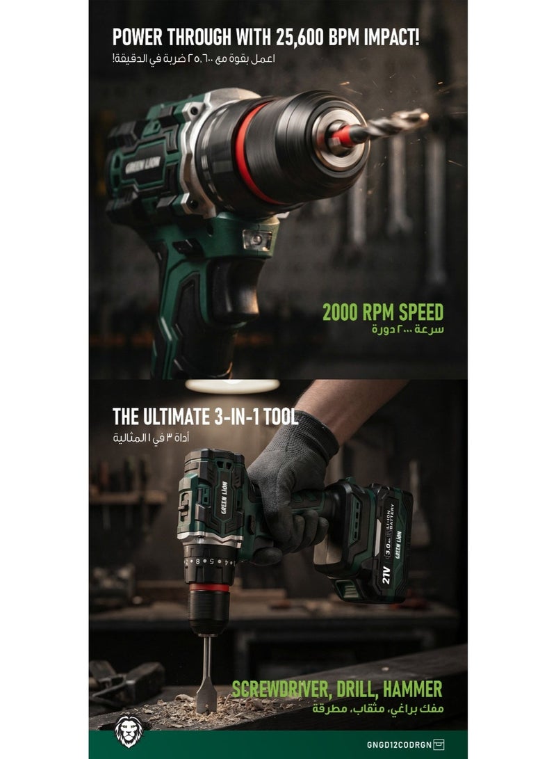 GREEN LION GD-12 EDGE PRO Cordless Hammer Drill / Dual 21V 3.0Ah Batteries / Brushless Motor / 45Nm Max Torque / 3-in-1 Drill & Hammer Tool - Green - Image 4