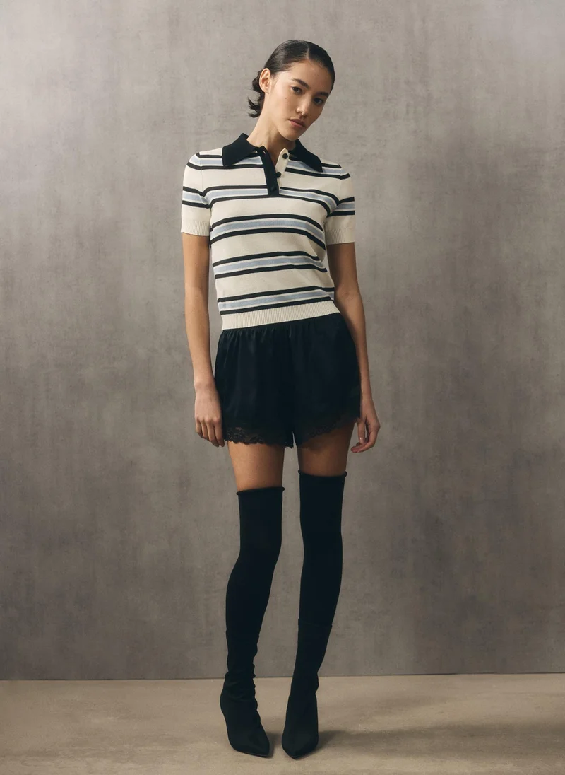 Lichi  Striped polo shirt with short sleeves and contrasting collar for Women | Best Price UAE