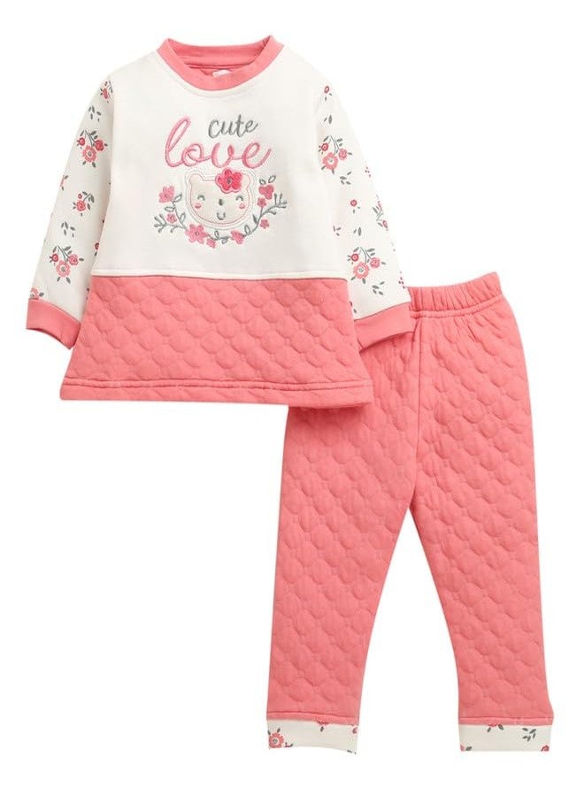 BUMZEE طقم شتوي للبنات من بامزي، مصنوع من البوليستر، بقصة عادية، لون الخوخ والكريم - من 12 إلى 18 شهرًا (Peb10666D-pch) - Image 1