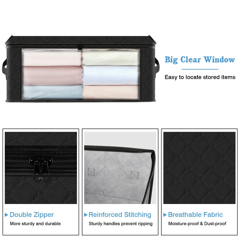 HomeHacks Storage 3-Pack Clothes Organizer Storage Bags Foldable Storage Box with Large Clear Window Sturdy Handles for Closet, Dorm, Pillows, Bedding, Clothes, Blankets, 35L, Black - Image 3