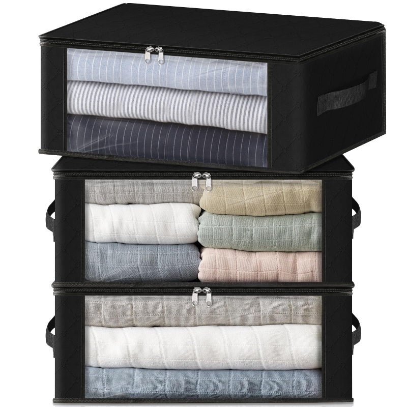 HomeHacks Storage 3-Pack Clothes Organizer Storage Bags Foldable Storage Box with Large Clear Window Sturdy Handles for Closet, Dorm, Pillows, Bedding, Clothes, Blankets, 35L, Black - Image 1