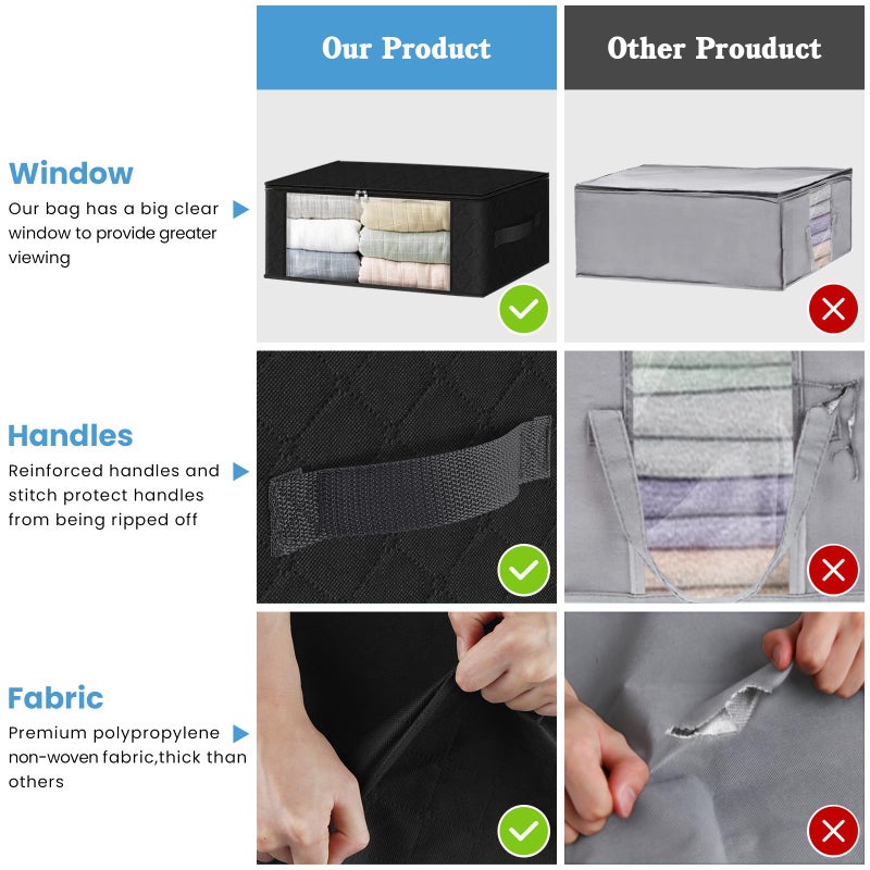 HomeHacks Storage 3-Pack Clothes Organizer Storage Bags Foldable Storage Box with Large Clear Window Sturdy Handles for Closet, Dorm, Pillows, Bedding, Clothes, Blankets, 35L, Black - Image 4