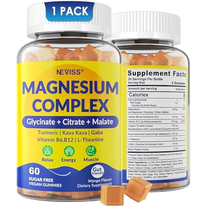 NEVISS Magnesium Complex Gummies 400mg, Magneisum Glycinate Citrate Malate + Turmeric, GABA, B6 B12, Kava Kava, L-Theanine for Sleep, Calm, Relaxation, Energy, Magnesium Gummies for Women Men, Vegan, 60 Cts - Image 1