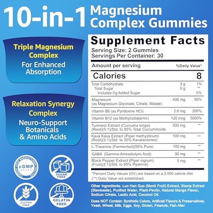 NEVISS Magnesium Complex Gummies 400mg, Magneisum Glycinate Citrate Malate + Turmeric, GABA, B6 B12, Kava Kava, L-Theanine for Sleep, Calm, Relaxation, Energy, Magnesium Gummies for Women Men, Vegan, 60 Cts - Image 2