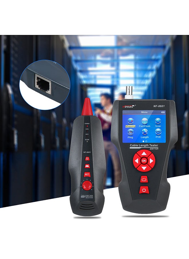 NOYAFA - Multi-functional LCD Network Cable Tester Wire Tracker RJ11 RJ45 BNC Wire Length Finder with 8 Remote Adapters PING & POE Testing Functions - Image 1