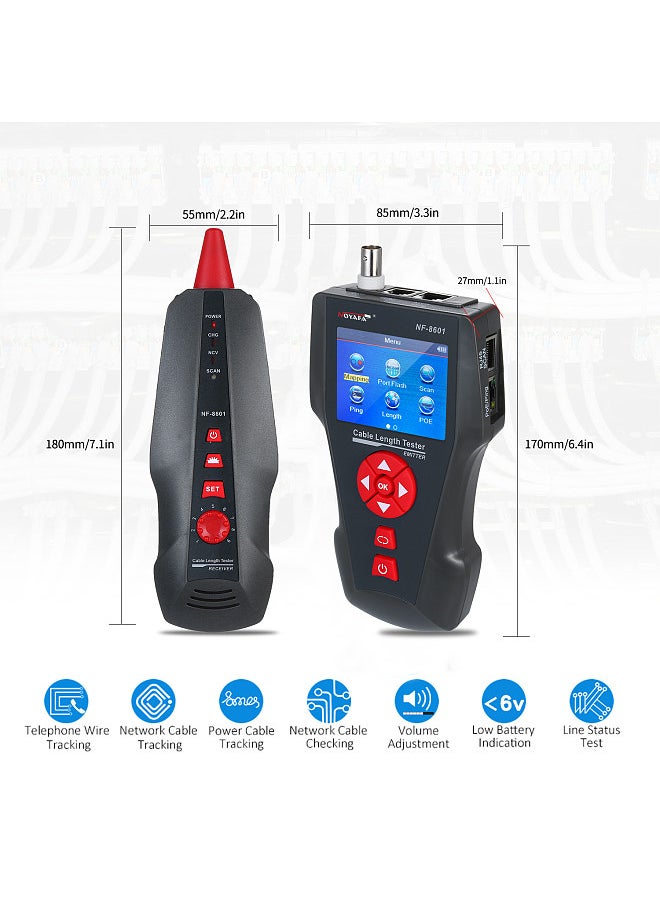 NOYAFA - Multi-functional LCD Network Cable Tester Wire Tracker RJ11 RJ45 BNC Wire Length Finder with 8 Remote Adapters PING & POE Testing Functions - Image 1