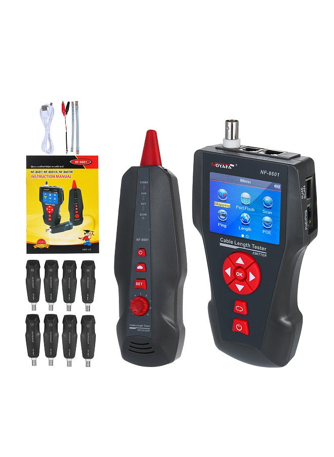 NOYAFA - Multi-functional LCD Network Cable Tester Wire Tracker RJ11 RJ45 BNC Wire Length Finder with 8 Remote Adapters PING & POE Testing Functions - Image 1