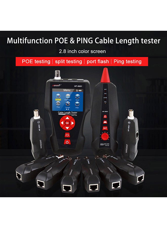 NOYAFA - Multi-functional LCD Network Cable Tester Wire Tracker RJ11 RJ45 BNC Wire Length Finder with 8 Remote Adapters PING & POE Testing Functions - Image 1