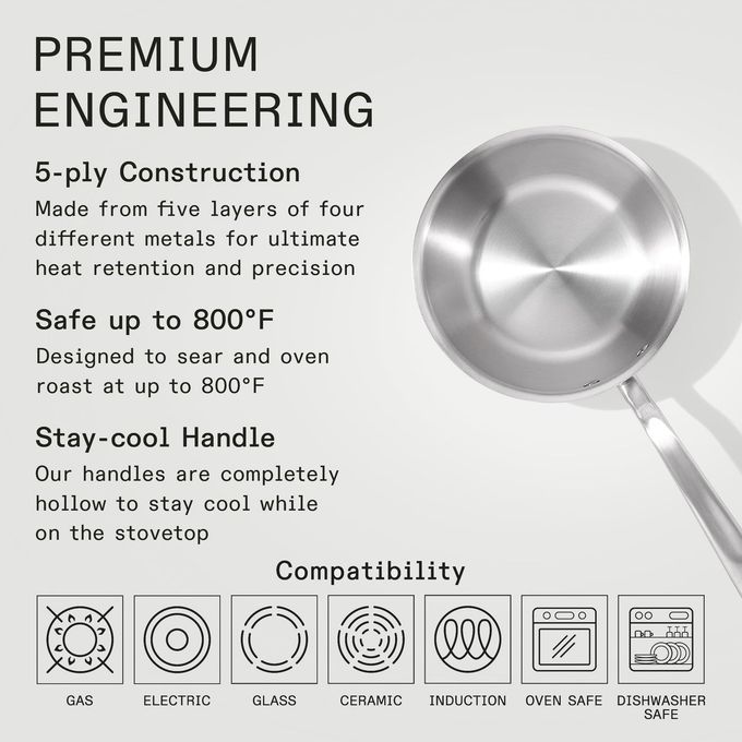 Madein Made In Cookware 2 Quart Stainless Steel Saucier Pan 5 Ply Stainless Clad Professional Cookware Crafted in Italy Induction Compatible - Image 3