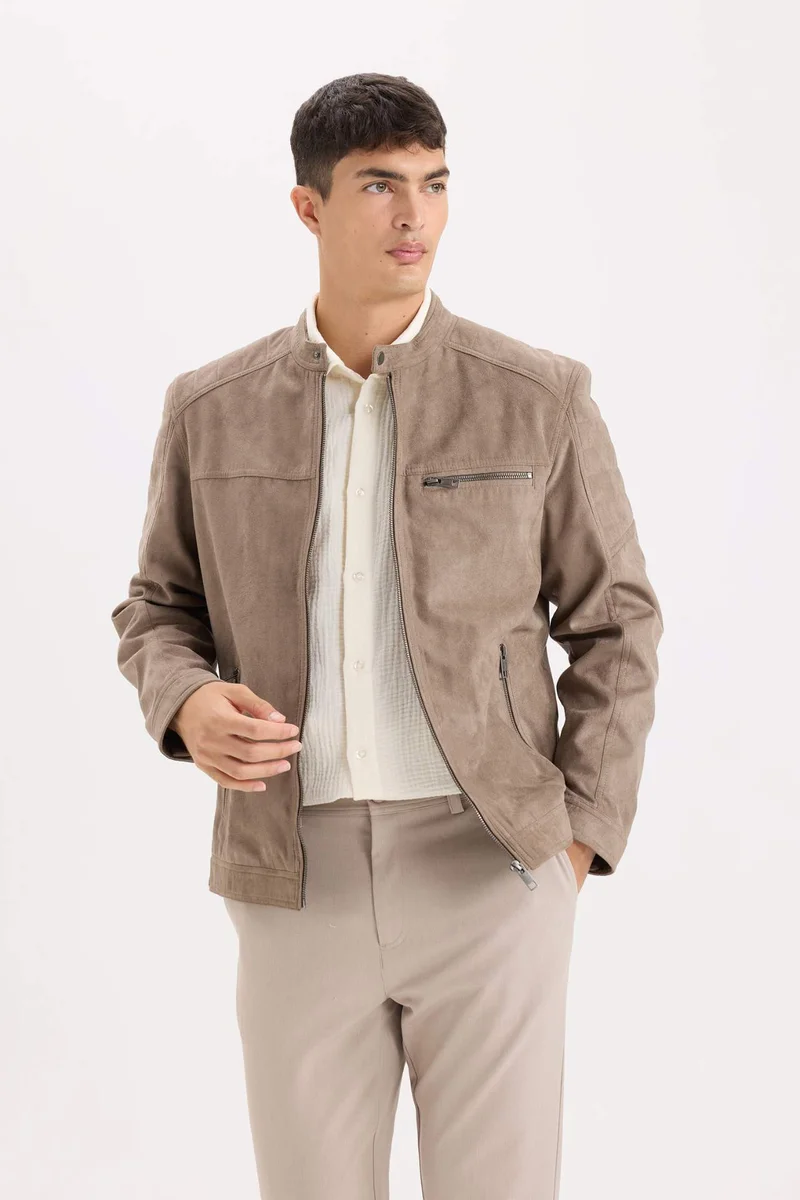 ديفاكتو Slim Fit Stand Collar Zippered Suede Look Jacket