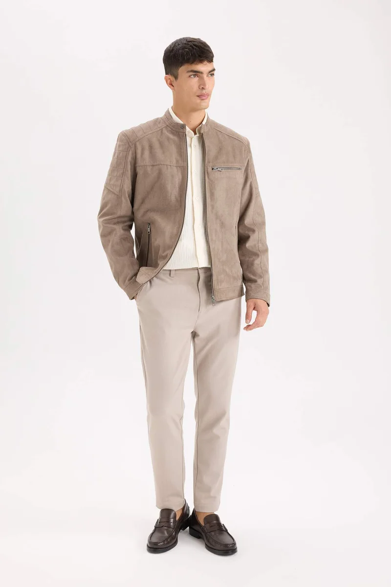 ديفاكتو Slim Fit Stand Collar Zippered Suede Look Jacket