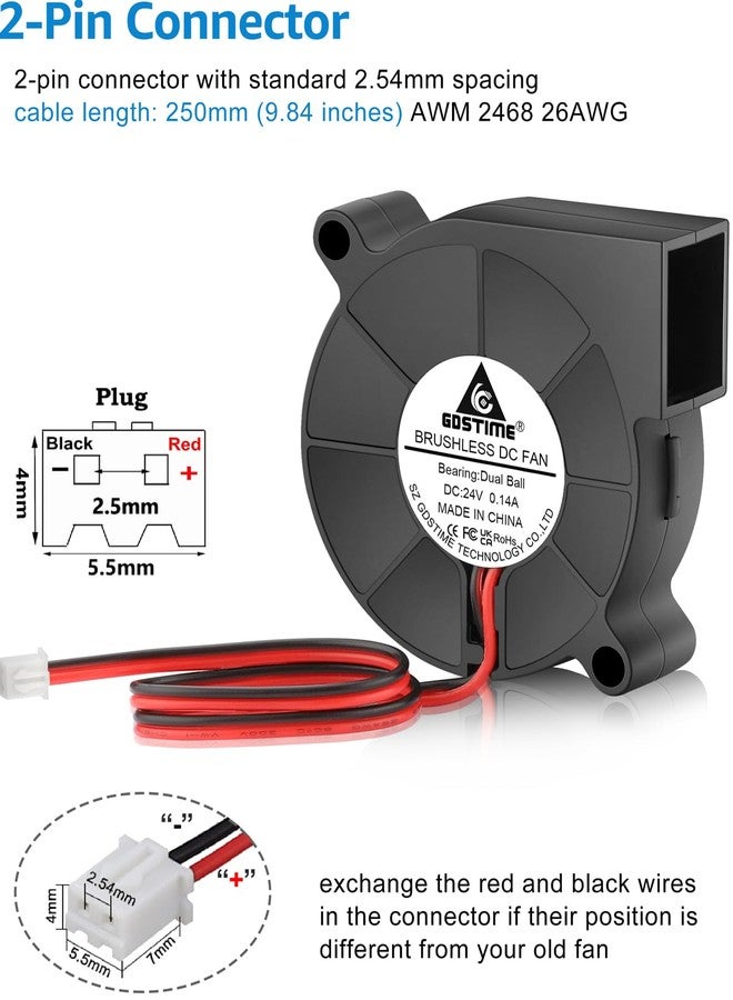 GDSTIME 5015 Blower Fan 24V High Speed, 50mm x 15mm DC Brushless Turbo Cooling Fan 2-Pin Dual Ball Bearing for 3D Printer Part 2-Pack - Image 5