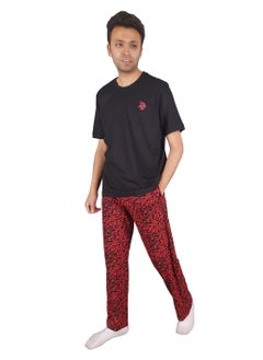 Men Summer Pajama Set Printed Top & Plain Bottom -Black*Red