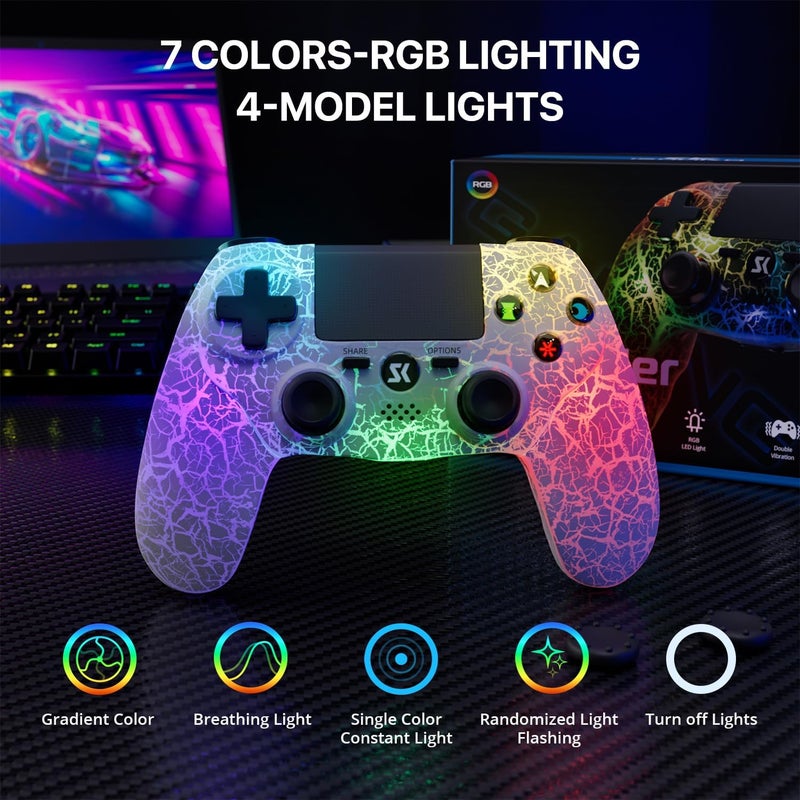 ISHAKO Controller for PS4, with RGB Light,1000mah Battery, Double Vibration, 6-Axis Motion Control, 3.5mm Audio Jack, Light-up Game Controller for Sony PlayStation 4/Pro/Slim/PC Windows- White - Image 2