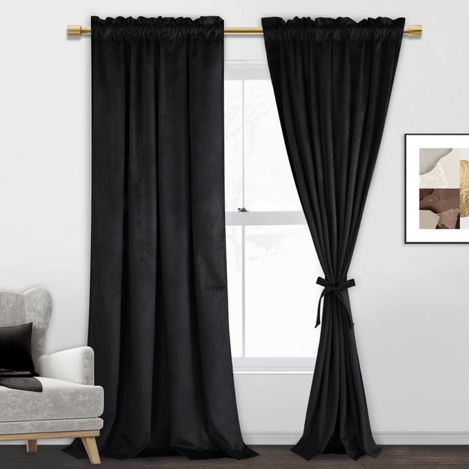 BLACK VELVET CURTAINS ROD POCKET THERMAL INSUALTED ROOM DARKENING WINDOW DRAPES FOR BEDROOM AND LIVING ROOM 52 X 96 INCHES SET OF 2 PANELS