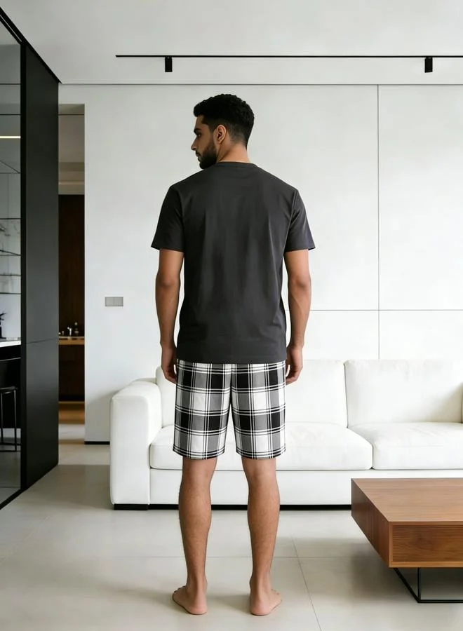 Take Two Grey Men Printed Round Neck T-Shirt and Checked Shorts Set for Men | Best Price UAE