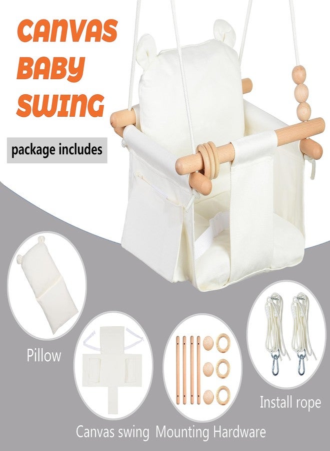 FAETKLC Canvas Baby Swing Seat Wooden Baby Hanging Swing Door Swing Baby Toddler Cream Indoor Baby swingSwing with Safety Belt and 2 Side Pockets for Indoor Playground Sport & Outdoor Play Toys - Image 2