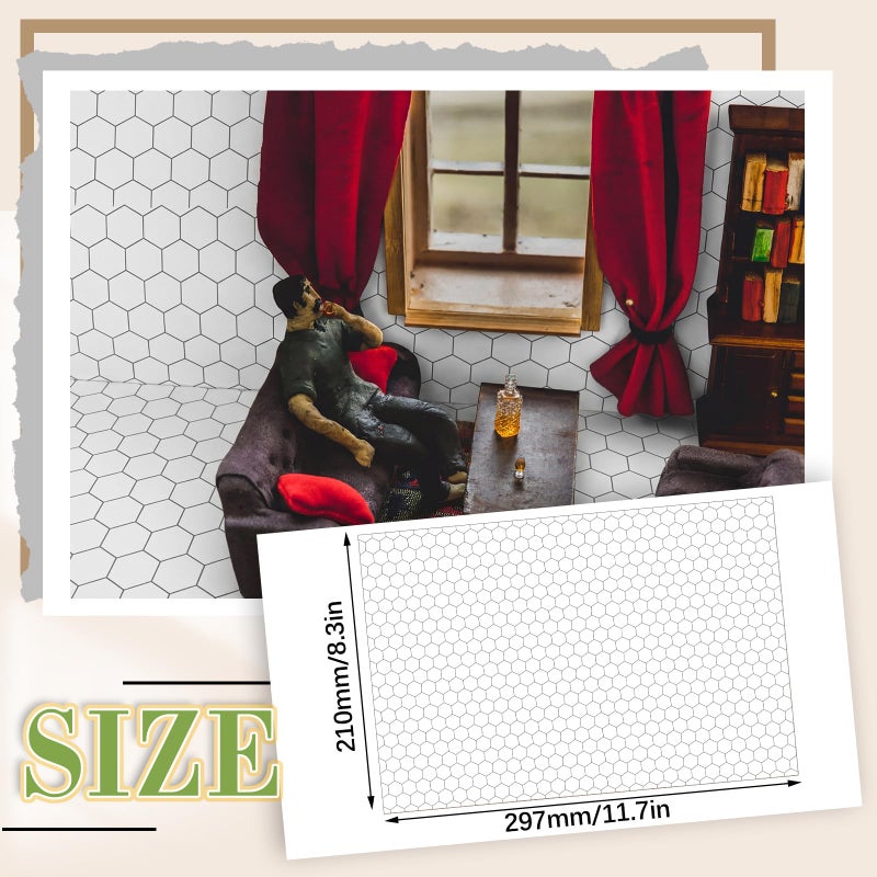 Flutesan 12 Pcs Miniature Dollhouse Wallpaper and Flooring Peel and Stick Mini DIY Self Adhesive Dollhouse Accessories 8.27 x 11.69 Inch (Hexagonal Grid) - Image 2