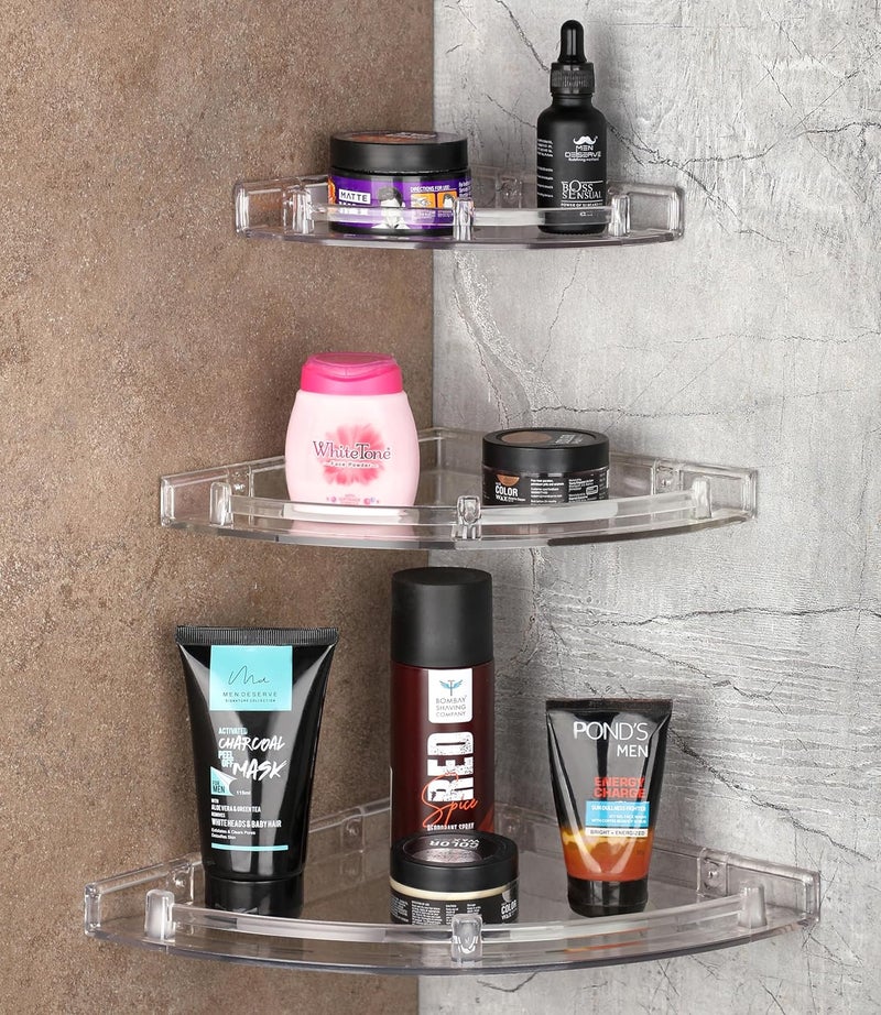 iSTAR Plastic Wall Mounted Corner Shelf for Bathroom Multipurpose Bathroom Accessories Organizer Shelves (6 inch, 8 Inch, 10 Inch, Pack of 3, Transparent) - Image 1