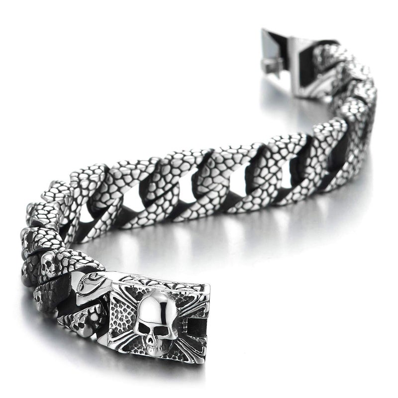 COOLSTEELANDBEYOND Skull Charms Snake Skin Pattern Curb Chain Mens Large Steel Bracelet with Pirate Skulls Clasp - Image 4